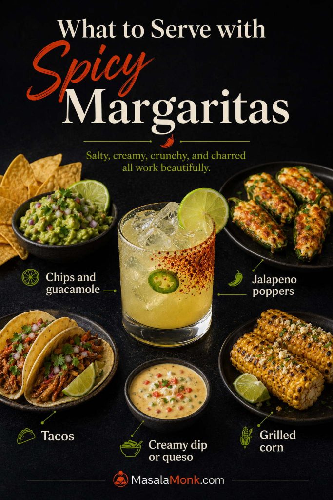 Food pairing board for spicy margaritas showing chips and guacamole, jalapeño poppers, tacos, creamy dip, grilled corn, and a spicy margarita.