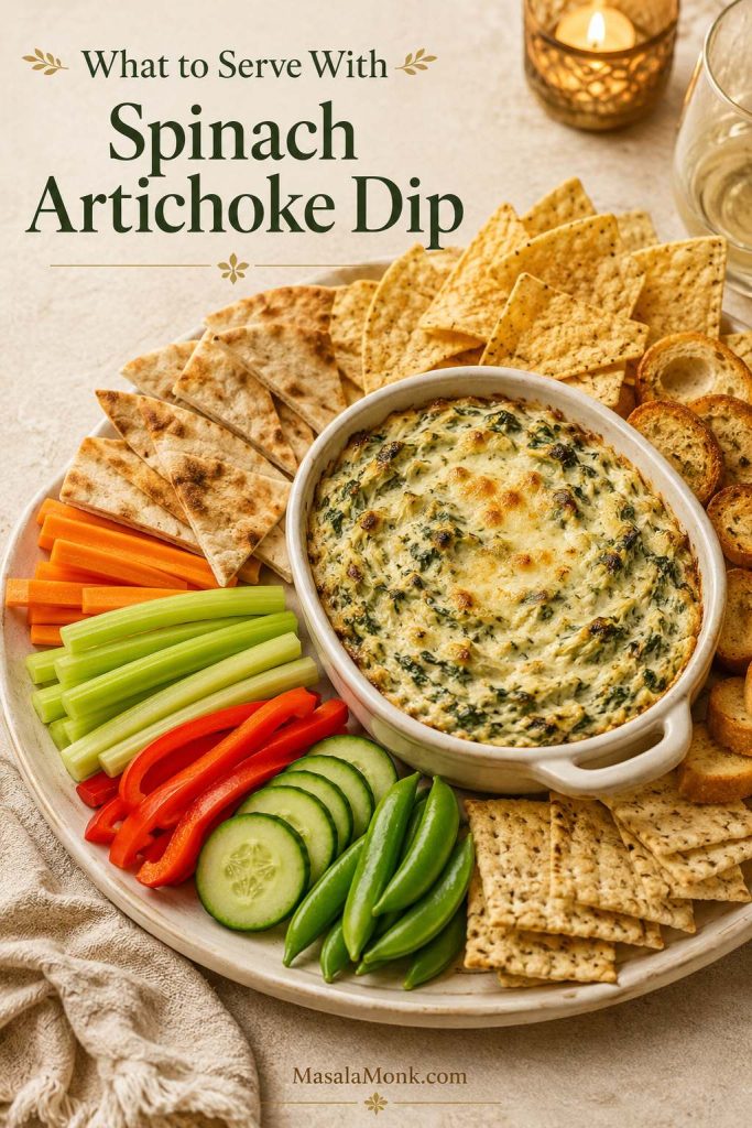 Serving board with baked spinach artichoke dip, tortilla chips, pita chips, crostini, crackers, carrots, celery, bell peppers, cucumber, and snap peas.
