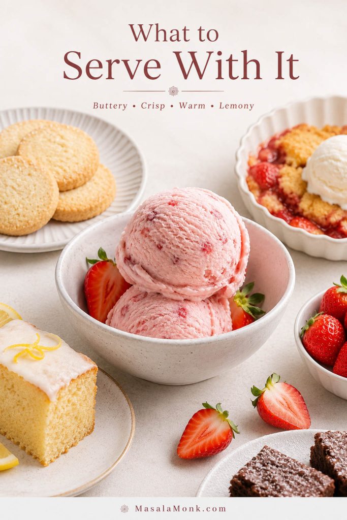 Strawberry ice cream served with shortbread cookies, lemon cake, cobbler, brownies, and fresh strawberries