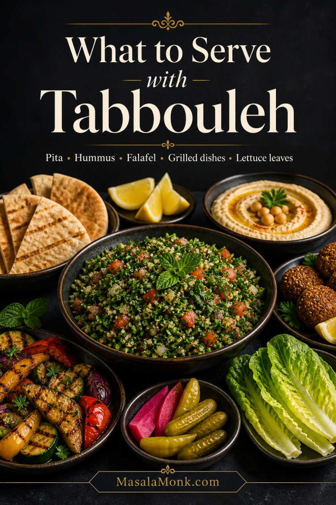 A mezze spread with tabbouleh, pita, hummus, falafel, pickles, grilled vegetables, lemon, and lettuce leaves.