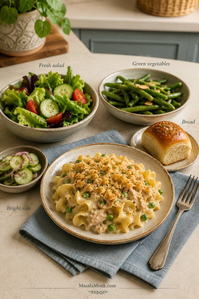 Tuna noodle casserole served with green salad, green vegetables, bread, and a bright side.