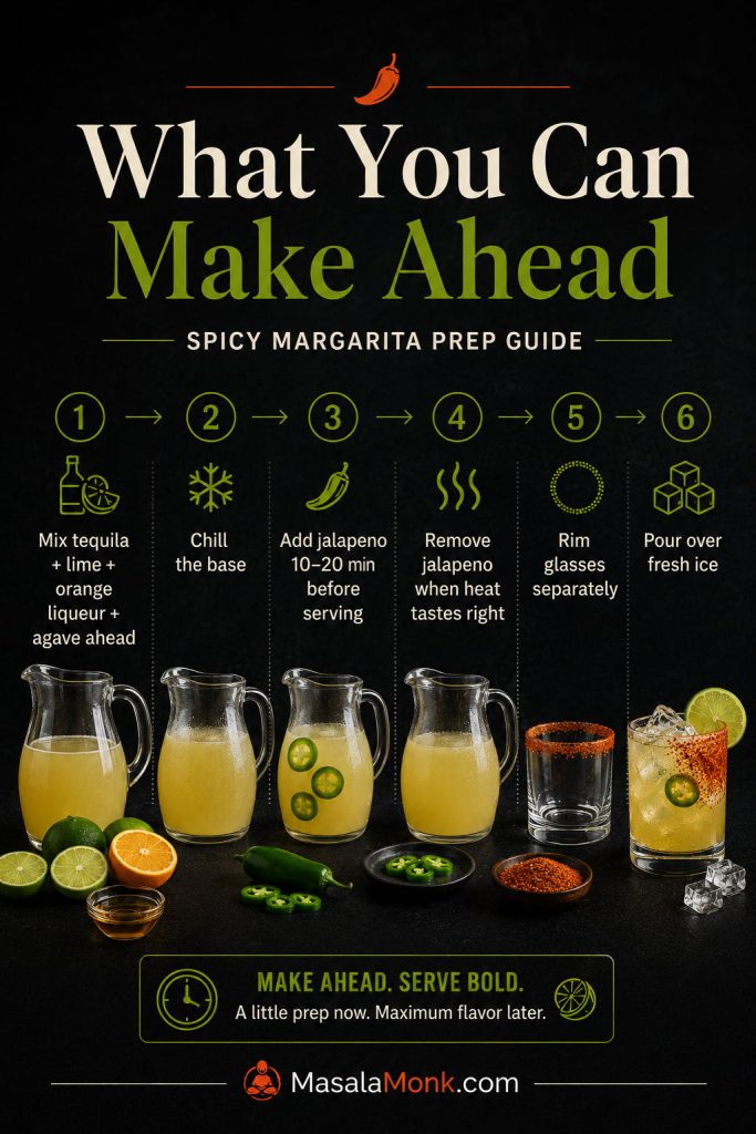 Make-ahead spicy margarita guide showing the tequila-lime base mixed ahead, chilled, jalapeño added later, jalapeño removed, glasses rimmed separately, and drinks poured over fresh ice.