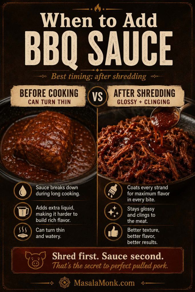 Before-and-after sauce timing comparison showing barbecue sauce before cooking becoming thin and sauce after shredding clinging to pulled pork.