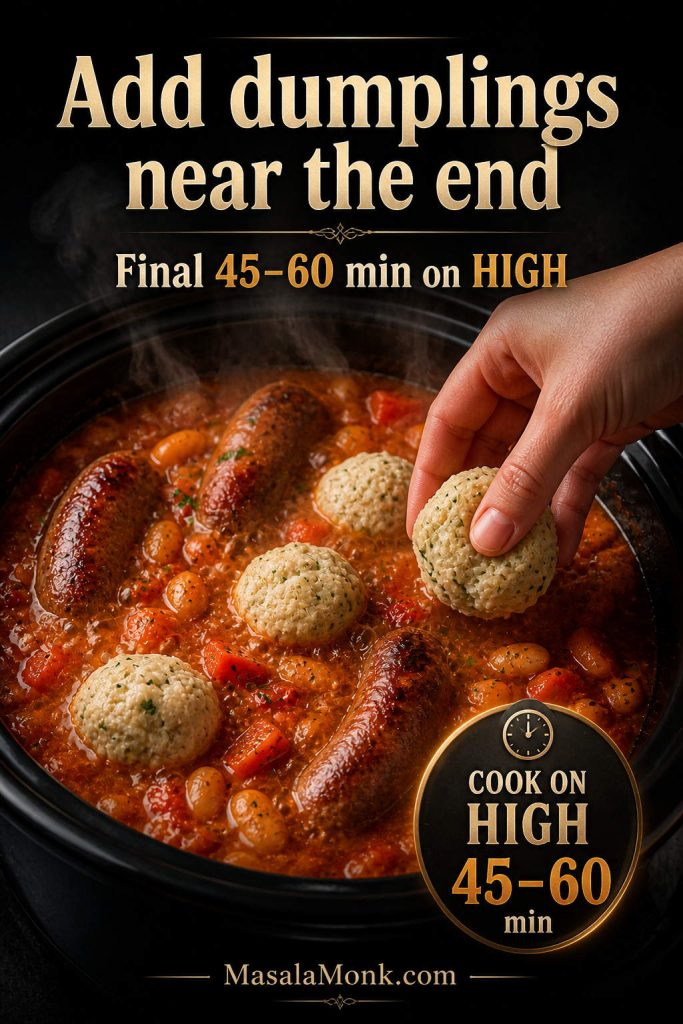 Dumplings being added to hot slow cooker sausage casserole during the final 45 to 60 minutes on high.