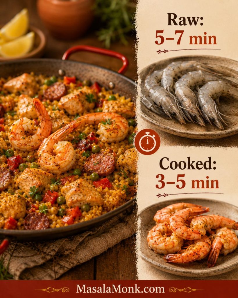 Timing guide for adding prawns to paella, showing raw prawns for 5–7 minutes and cooked prawns for 3–5 minutes.