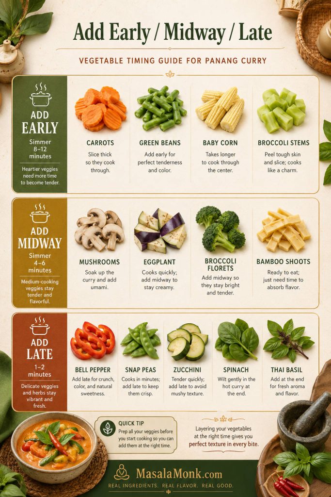 Vegetable timing guide for Panang curry with early, midway, and late groups for vegetables and Thai basil.