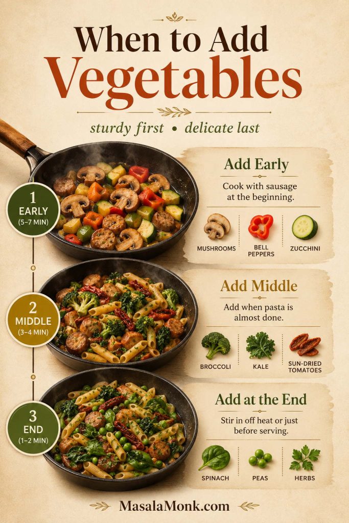 Vegetable timing guide showing early, middle, and end additions for sausage pasta, including mushrooms, peppers, zucchini, broccoli, kale, spinach, peas, and herbs.