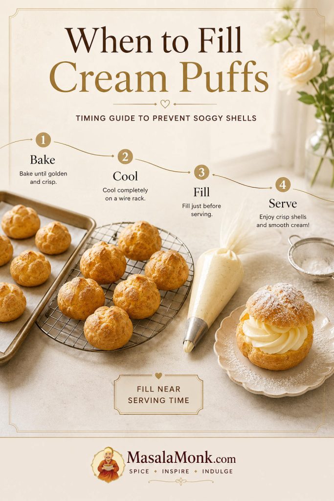 Timeline showing bake, cool, fill, and serve steps for cream puffs.