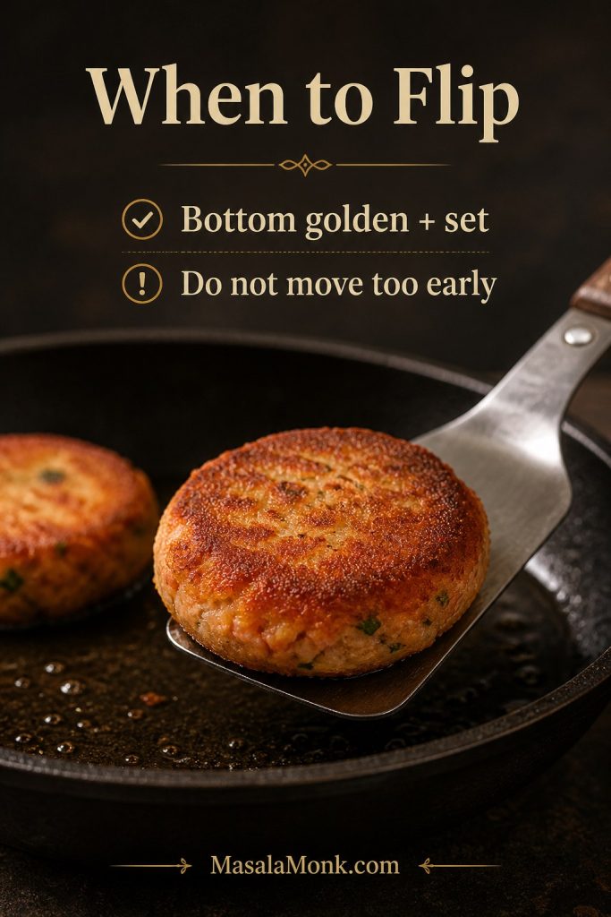 Salmon croquette lifted on a spatula to show a golden, set underside in a skillet