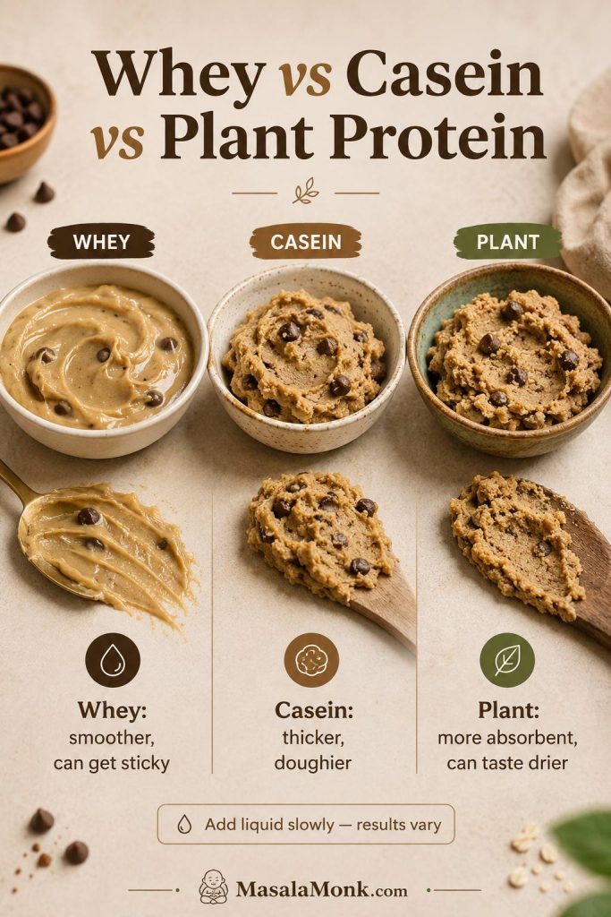 Whey, casein, and plant protein cookie dough comparison showing smoother, thicker, and more absorbent dough textures