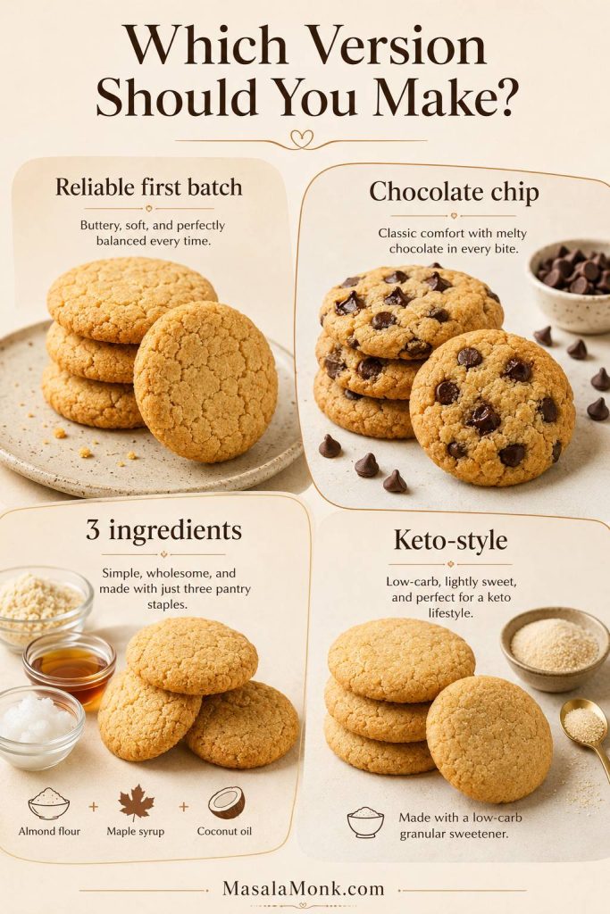 Almond flour cookie version chooser showing reliable first batch, chocolate chip, 3 ingredient, and keto-style cookies.