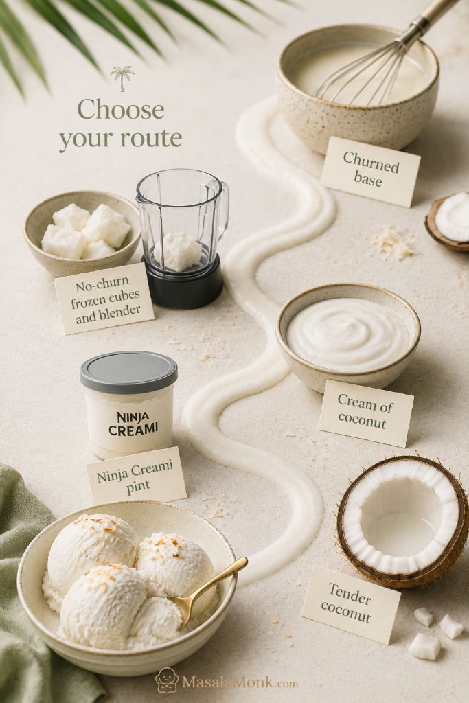 Visual guide showing coconut ice cream options including churned, no-churn, cream of coconut, Ninja Creami, and tender coconut versions.