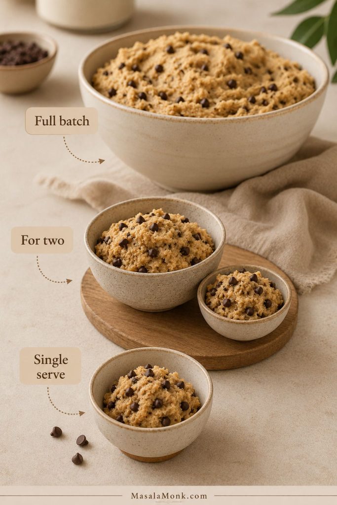 Three edible cookie dough portion sizes are shown, representing single serve, for two, and full batch amounts.
