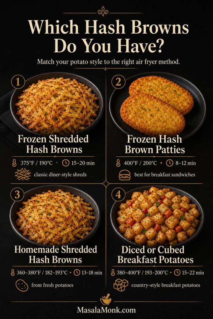 Infographic titled Which Hash Browns Do You Have showing four air fryer options: frozen shredded hash browns, frozen hash brown patties, homemade shredded hash browns, and frozen diced or cubed breakfast potatoes, each with a short time and temperature guide.