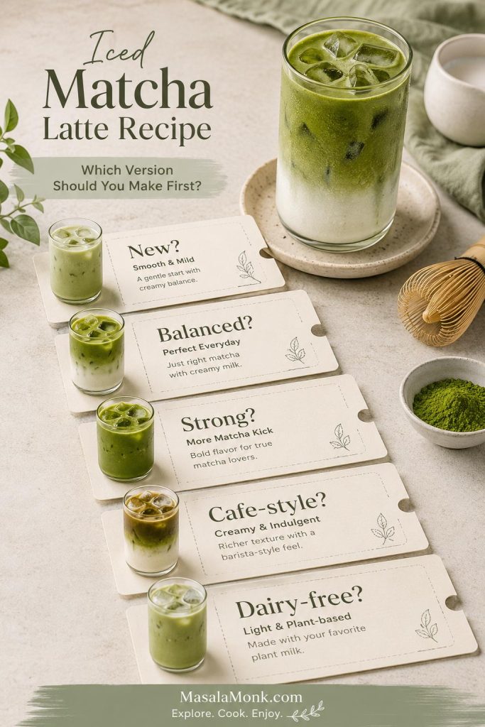 Café order cards showing different iced matcha latte choices for new, balanced, strong, café-style, and dairy-free versions