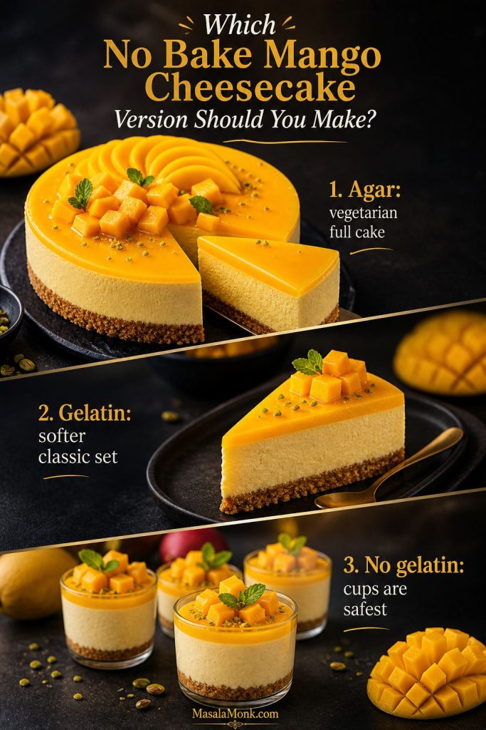 Comparison graphic showing three no bake mango cheesecake options: agar set full cake, gelatin set full cake, and no-gelatin cheesecake cups.