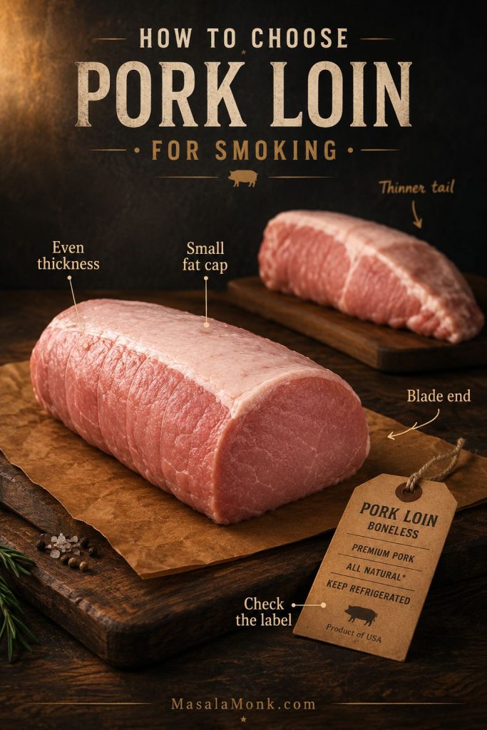 Pork loin buying guide showing an even roast, small fat cap, and label check for smoking