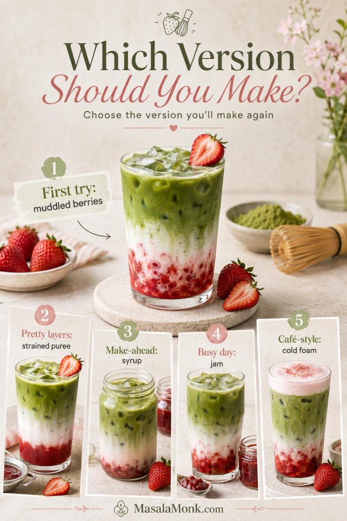Version chooser for strawberry matcha latte with first try, pretty layers, make-ahead syrup, busy-day jam, and café-style cold foam.