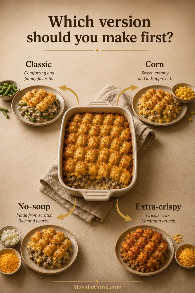 Version chooser for tater tot casserole showing classic, corn, no-soup, and extra-crispy options around a casserole dish