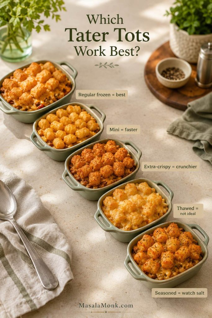 Guide comparing regular frozen, mini, extra-crispy, thawed, and seasoned tater tots for breakfast casserole.