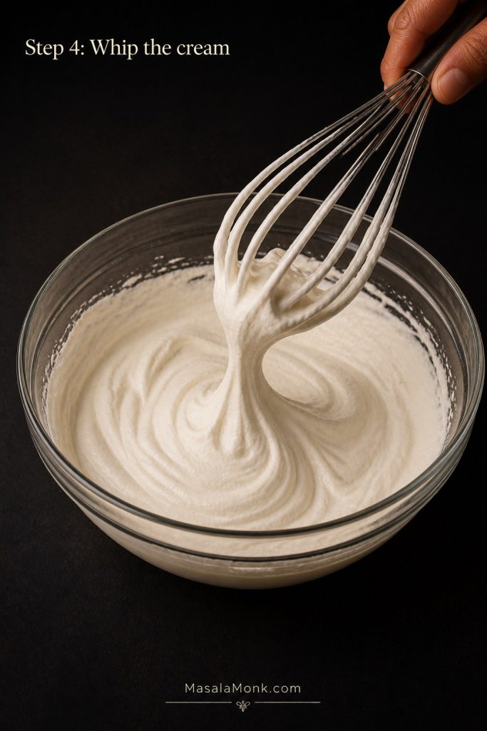 Whisk lifting smooth whipped cream from a glass bowl for Step 4 of Banoffee Pie.