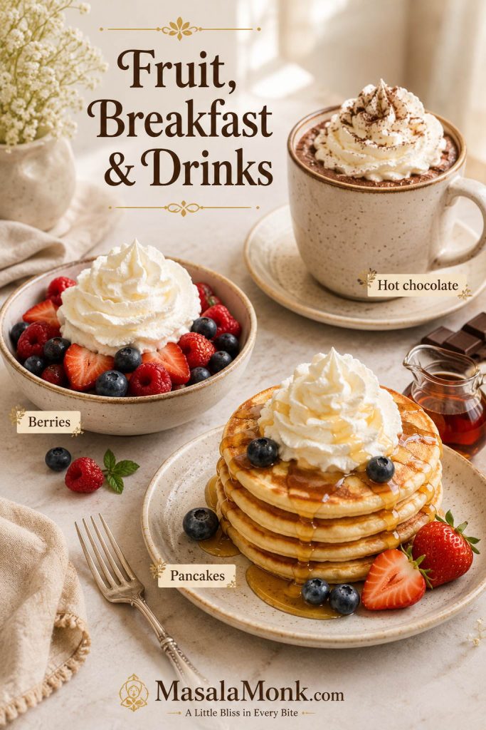 Whipped cream served with berries, pancakes with maple syrup, and a mug of hot chocolate.