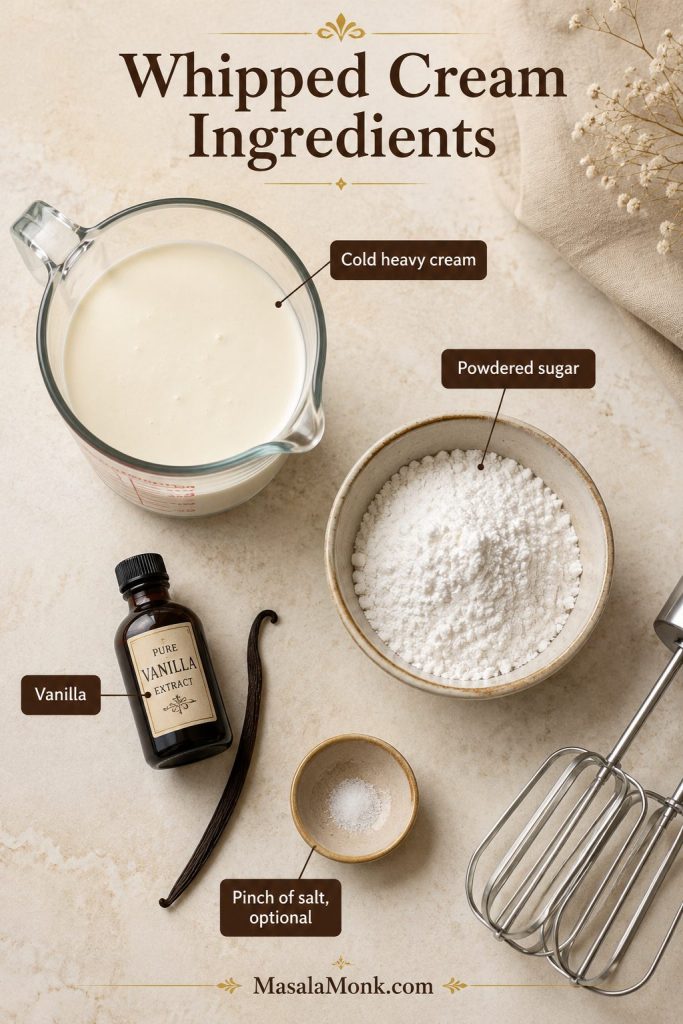 Ingredients for homemade whipped cream, including cold heavy cream, powdered sugar, vanilla, optional salt, and a whisk.