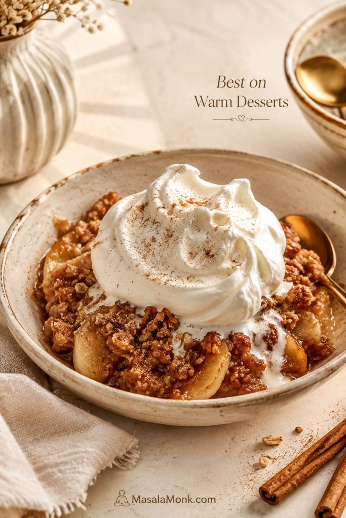 Homemade whipped cream melting softly over a warm apple crisp with cinnamon and a spoon nearby.