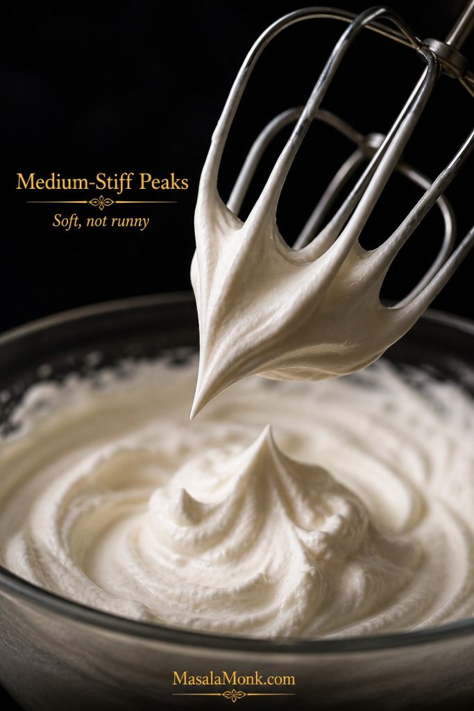 Whipped cream forming medium-stiff peaks on a beater above a mixing bowl.