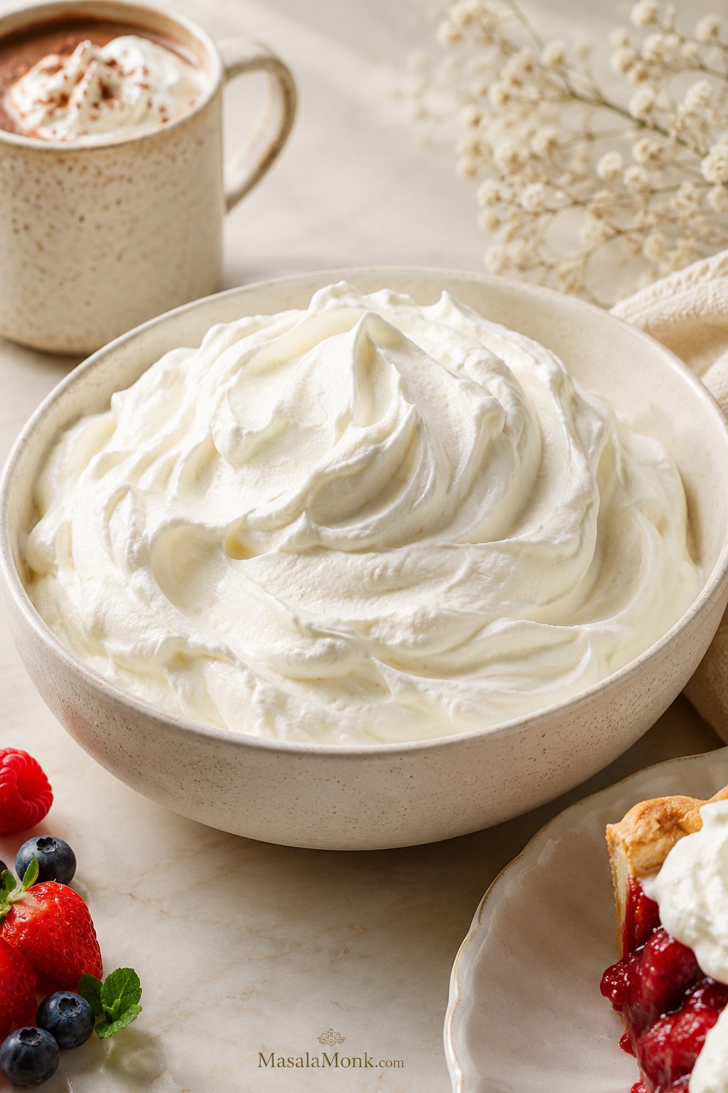 A bowl of homemade whipped cream with glossy soft peaks, served with berries, pie, and hot chocolate on a warm ivory surface.