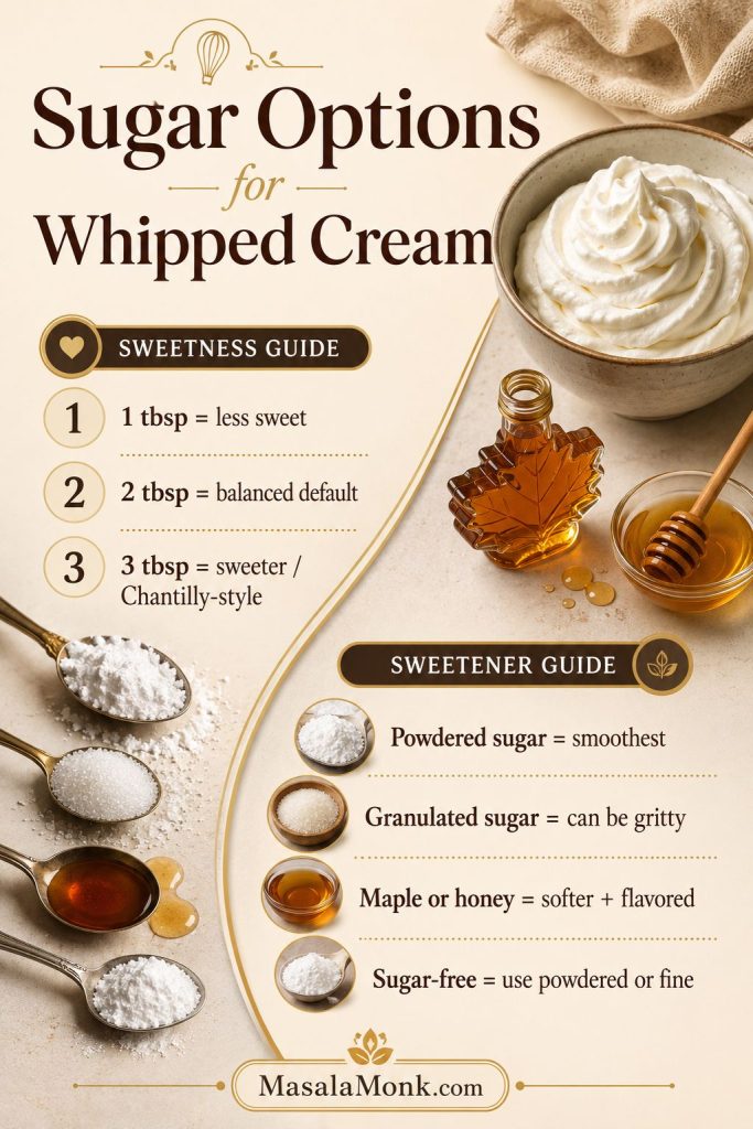 Sugar options for whipped cream showing powdered sugar, granulated sugar, maple syrup, honey, sugar-free sweetener, and different sweetness levels.