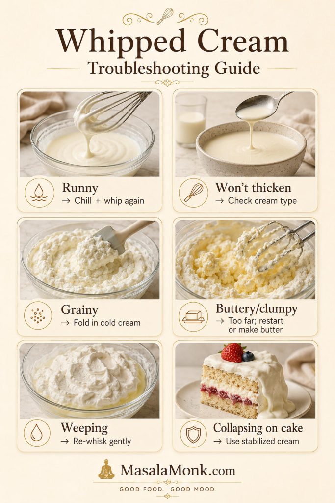 Whipped cream troubleshooting guide showing runny cream, cream that will not thicken, grainy cream, buttery cream, weeping cream, and cream collapsing on cake.