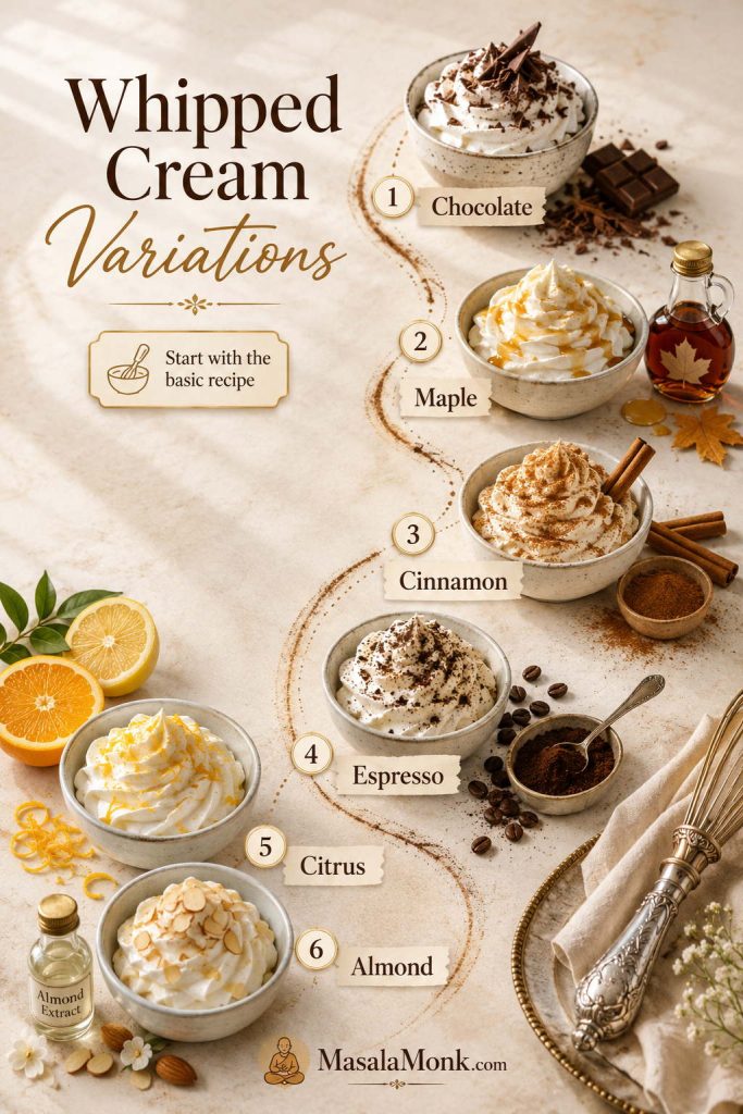 Whipped cream variations guide showing chocolate, maple, cinnamon, espresso, citrus, and almond flavor ideas with matching ingredients.