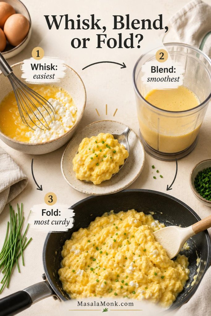 Whisk, blend, and fold methods for adding cottage cheese to scrambled eggs.