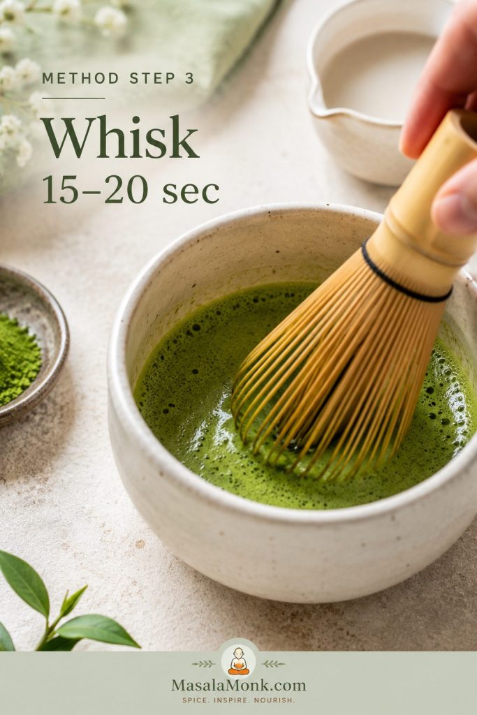 Matcha being whisked with hot water in a small bowl until smooth and lightly foamy