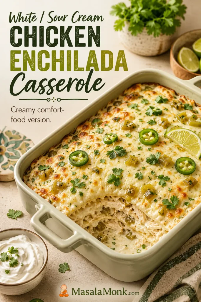 White sour cream chicken enchilada casserole with creamy sauce, melted cheese, green chiles, cilantro, jalapeños, and lime.