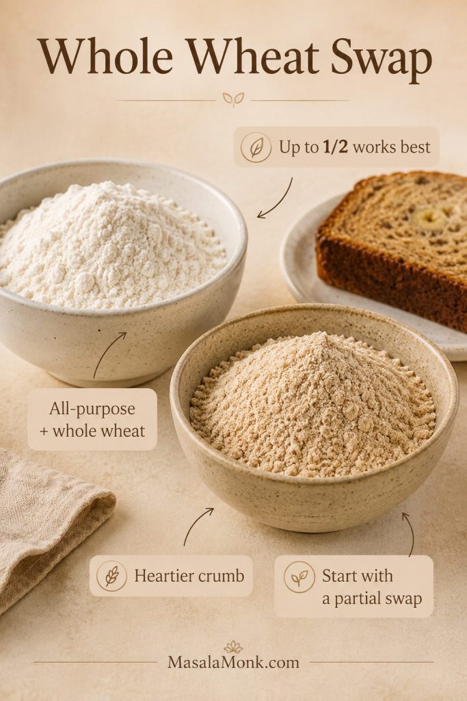 Whole wheat flour swap guide showing all-purpose flour, whole wheat flour, and a banana bread slice.