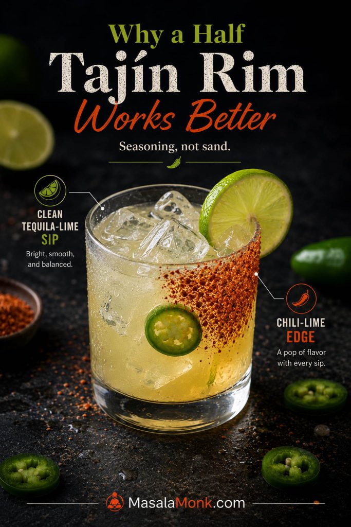 Close-up of a spicy margarita with a half Tajín rim showing one seasoned side and one clean sipping side.