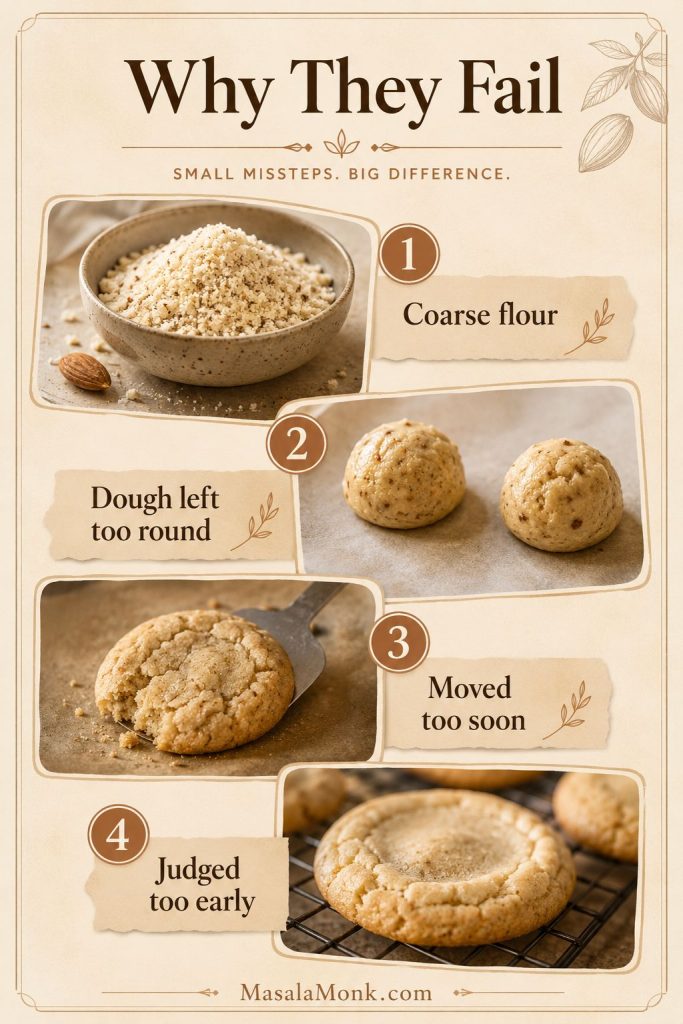 Common almond flour cookie problems including coarse almond meal, unpressed dough, fragile cookies, and soft centers.