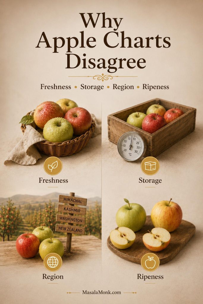 An explainer image showing that apple pie apple recommendations can vary because of freshness, storage, region, and ripeness.