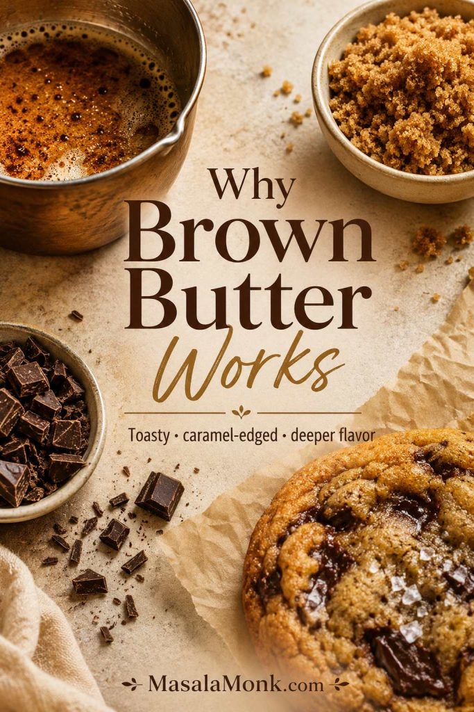 Amber brown butter, brown sugar, chopped chocolate, and a baked cookie arranged to show how brown butter adds toasted flavor to cookies.