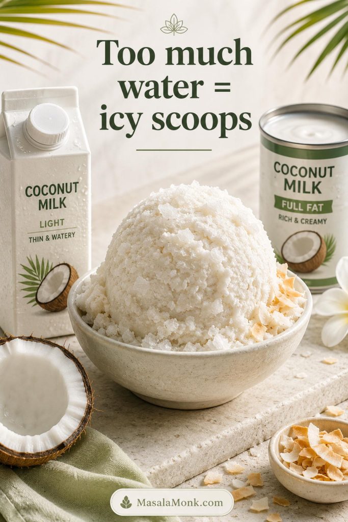 Thin coconut milk and icy coconut ice cream shown together to explain why a batch can freeze hard and crystalline.