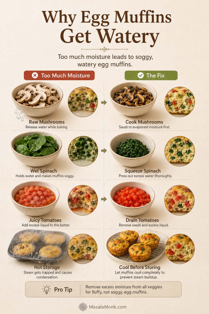 Watery egg muffins guide showing cooked and drained fillings compared with wet vegetables and excess liquid.