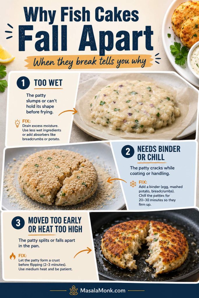Troubleshooting board showing wet fish cake mixture, a cracked patty, and a fish cake splitting in the pan