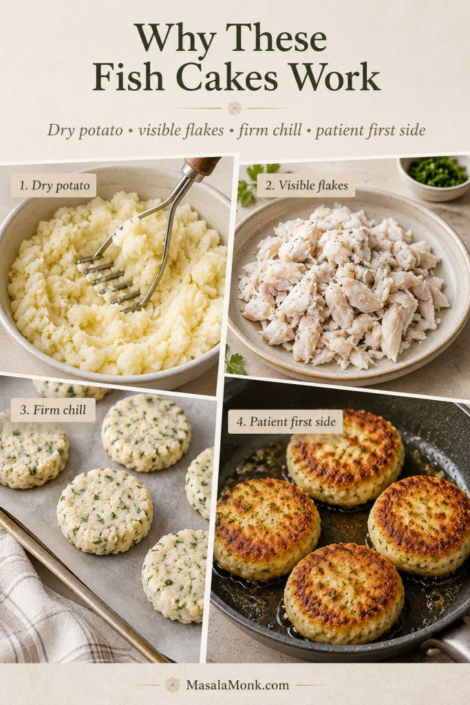 Four texture cues for fish cakes showing dry potato, visible fish flakes, chilled patties, and fish cakes cooking on the first side