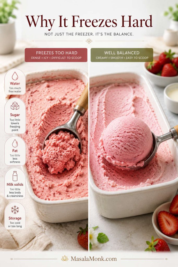 Homemade strawberry ice cream comparison showing hard difficult-to-scoop texture versus smooth balanced scoop
