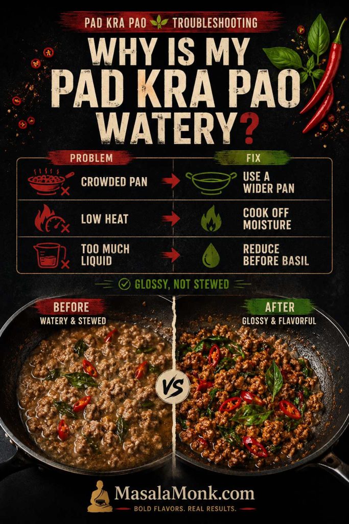 Troubleshooting board showing watery Pad Kra Pao from a crowded pan and low heat beside glossy fixed stir-fry.
