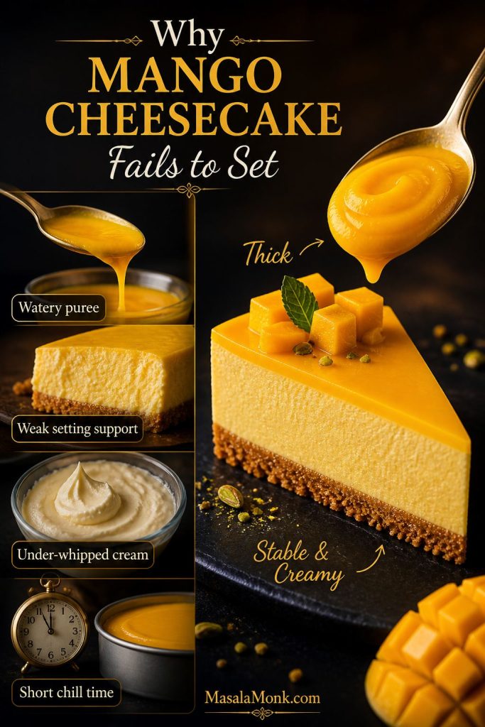 Comparison graphic showing common reasons mango cheesecake fails to set, including watery puree, under-whipped cream, weak setting support, and short chill time.