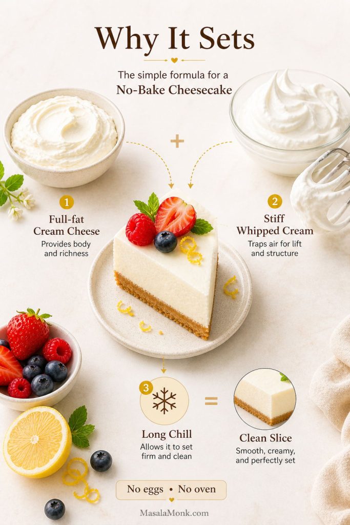 Setting guide showing cream cheese, stiff whipped cream, long chill time, and a clean no-bake cheesecake slice