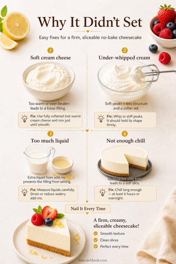 Troubleshooting board showing soft cream cheese, under-whipped cream, too much liquid, and not enough chill time